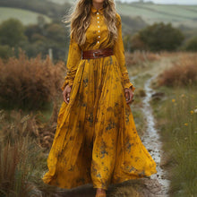 Load image into Gallery viewer, Spring Autumn Retro Lapels Women Long Sleeve Printing Mid Length Dress