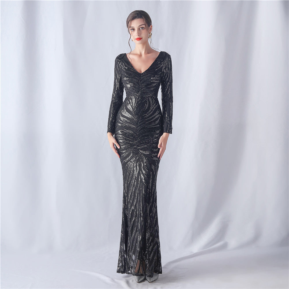 Positioning Floral Cutting Craft Magic Color Sequin Annual Meeting Wedding Long Sleeve Evening Dress