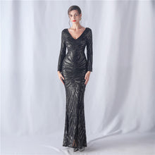 Load image into Gallery viewer, Positioning Floral Cutting Craft Magic Color Sequin Annual Meeting Wedding Long Sleeve Evening Dress