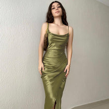 Load image into Gallery viewer, Sexy Sexy Low Cut Satin Split Sling Dress Slim Backless Maxi Dress