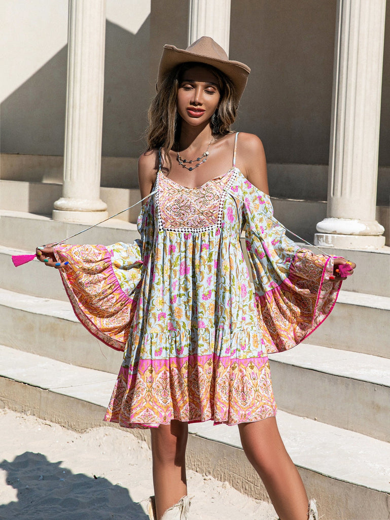 Loose Printed Off Shoulder Tassel Dress Vacation