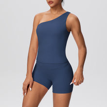 Load image into Gallery viewer, Women Solid Color Oblique Shoulder Strap Beauty Back Exercise Vest Yoga Pants Running Slim Shorts Fitness Yoga Wear Set