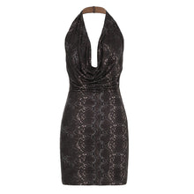 Load image into Gallery viewer, Metallic Glossy Features Swing Collar Sleeveless Halter Dress Backless Sheath Sexy Dress