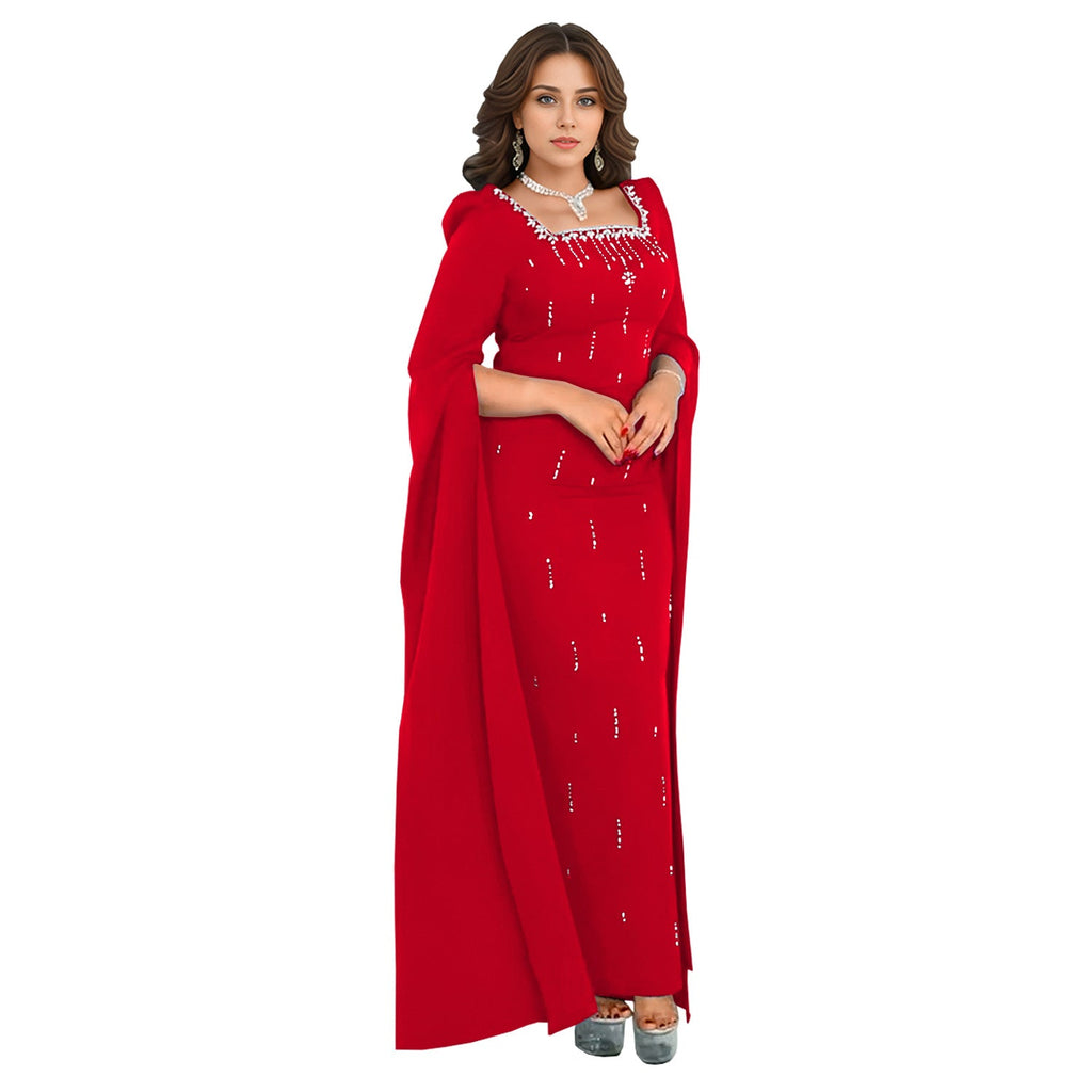 Women Wear Back Slit Cape Sleeve Drilling Elegant Dress