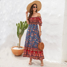 Load image into Gallery viewer, Bohemian Beach Holiday Dress off Shoulder Puff Sleeve Floral Mid Length Dress