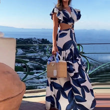 Load image into Gallery viewer, Summer Women Printed V Neck Sexy Waist Lace Up Pleated Dress