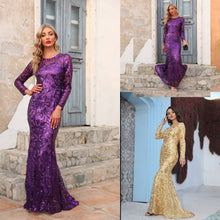Load image into Gallery viewer, Spring Autumn Sequined Dress Purple Crew-Neck Long Evening Dress Long Sleeve Dress
