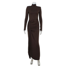 Load image into Gallery viewer, Fall Winter Women High Collar Long Sleeve Stitching Lace up Waist Controlled Slim Fit Solid Color Dress Women