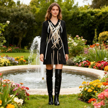 Load image into Gallery viewer, Fall Elegant Dark Sexy V neck Cross Drawstring Tied Long Sleeves Short Dress Women