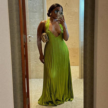 Load image into Gallery viewer, Women Clothing Autumn Sweet Fresh V neck Halter Backless Pleated Oversized Swing Dress