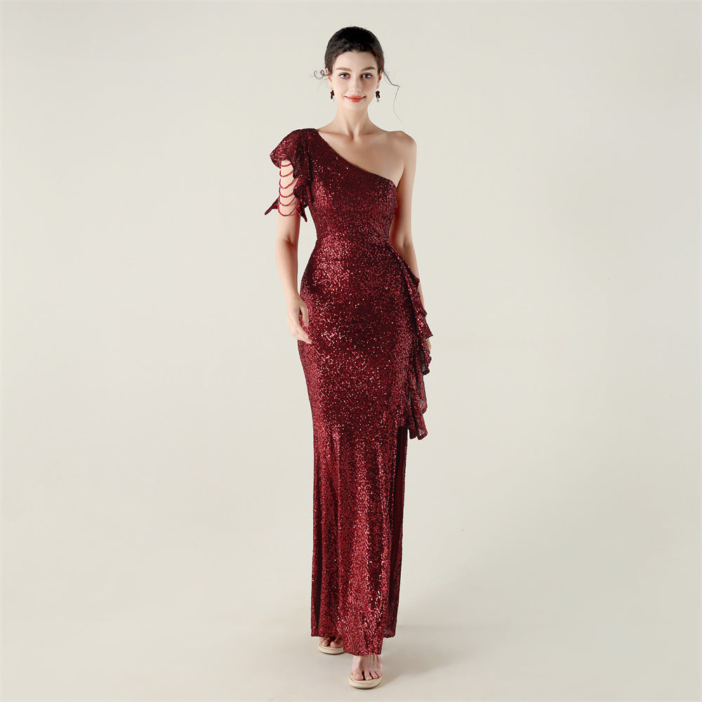 One Shoulder Ruffles Embellished Beaded Chain Handmade Sequined Evening Dress Cocktail Party Wedding