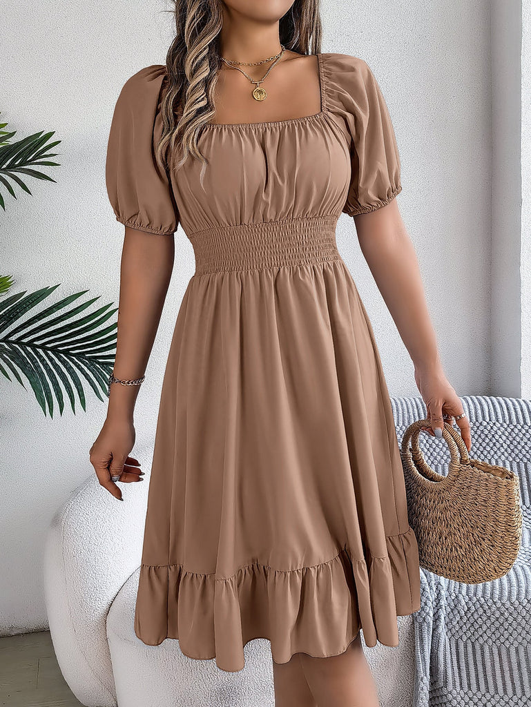 Spring Summer Casual Square Collar Short Sleeve Waist Trimming Ruffles A line Dress Women Clothing