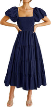 Load image into Gallery viewer, Summer Women Clothing Square Collar Backless Puff Sleeve Pleated Short Sleeves Dress