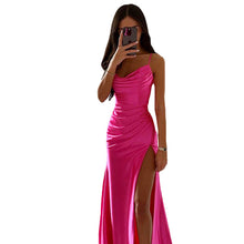 Load image into Gallery viewer, Women Spring Tube Top Pleated Slit Satin Dress Sexy Slim Hip Dress