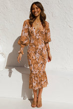 Load image into Gallery viewer, Spring Summer Office Women Elastic Waist Long Sleeve V neck Printed Flounced Dress