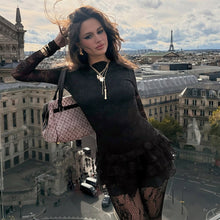 Load image into Gallery viewer, Women Dark Sexy Tight Long Sleeve See through Lace Tiered Dress round Neck Waist Trimming A line Dress