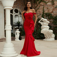 Load image into Gallery viewer, Off Neck Sleeveless Elegant Slim Fit Long Solid Color Cocktail Bridesmaid Dress Evening Dress 3D Decoration