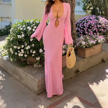 Load image into Gallery viewer, Spring Summer Vacation Women Deep V Plunge neck Long Sleeve Solid Color Woolen Buckle Dress for Women