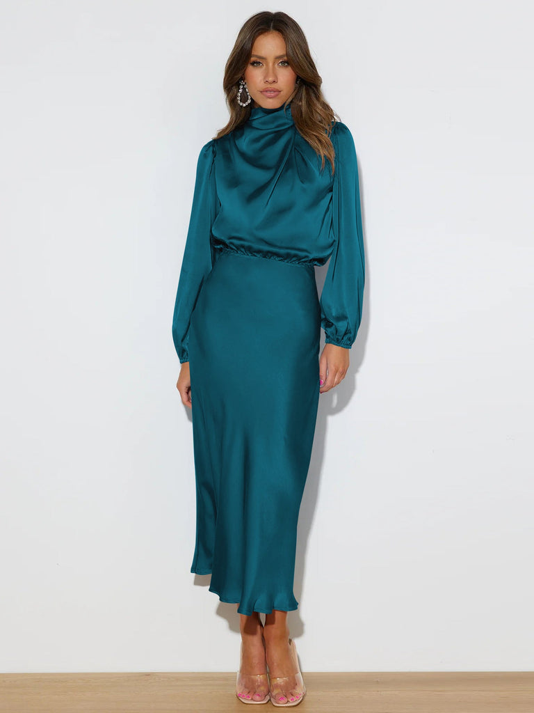 Autumn High Grade Satin Long Sleeve Loose Dress Elegant Women Evening Dress