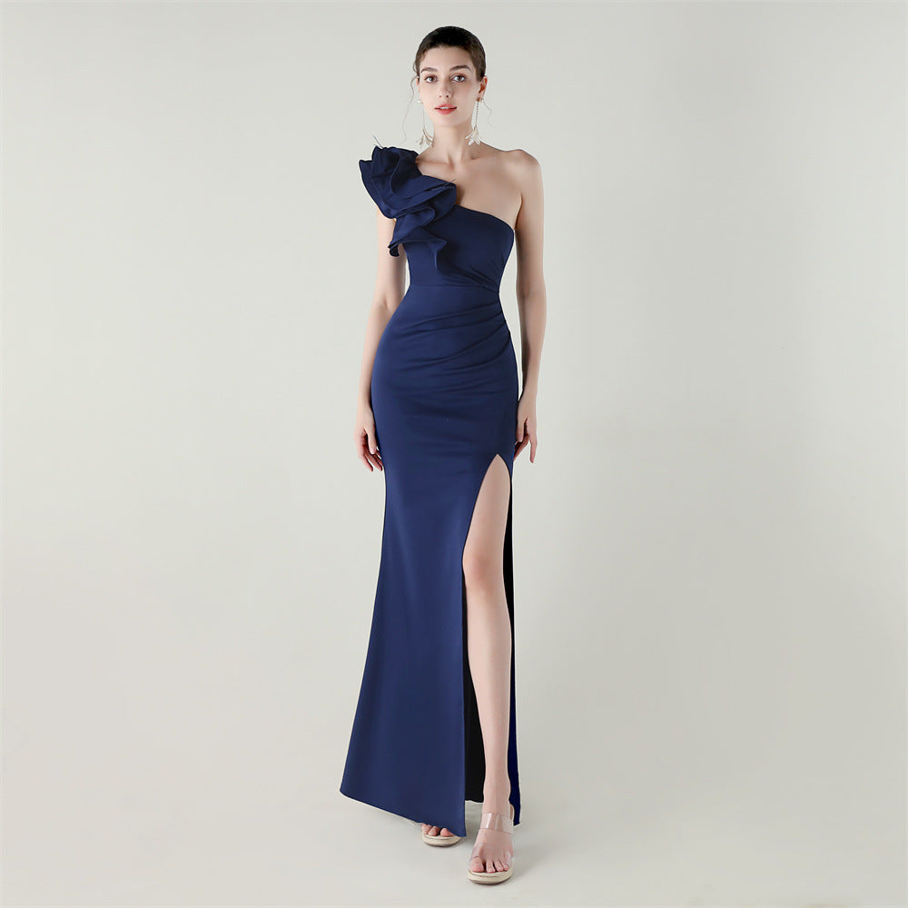 One Shoulder Craft Wave the Craft of Design Gross Satin High Slit Sexy Evening Dress Dinner Party Wedding Social Networking