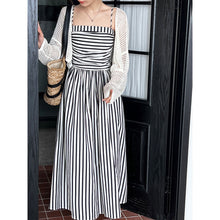 Load image into Gallery viewer, French Striped Bandeau Sling Dress Women High Grade off the Shoulder Pleated Waist Tight A line Long Summer