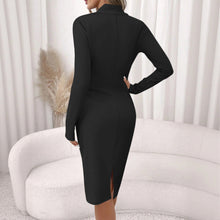 Load image into Gallery viewer, Black Cross V neck Pleated Slim Waist Dress Elegant Midi Dress