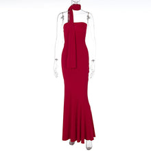 Load image into Gallery viewer, Fall Elegant Close Fitting Waist Mid Length Sexy Wrapped Chest Fish Hem Pattern Bottom Shawl Dress