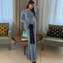 Load image into Gallery viewer, Women Clothing Summer Solid Color Pleated Waist Controlled Lace up Long Sleeve Dress Women