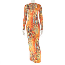 Load image into Gallery viewer, Printing Women Hollow Out Cutout Slim Hip Skirt round Neck Long Sleeve Retro Elegant Dress