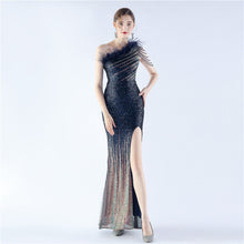 Load image into Gallery viewer, Gradient Sequin Craft Beaded Ostrich Feather Diagonal Collar One Shoulder Long Evening Dress