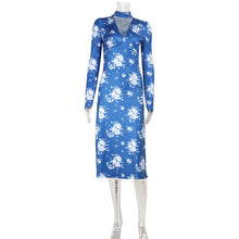 Load image into Gallery viewer, Floral Print Elegant V neck Summer Slim Fit Lightweight Thin Long Sleeve Dress Klein Blue Dress