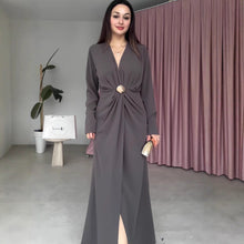 Load image into Gallery viewer, Fall V neck Long Sleeve Waist Controlled Pleated Women Dress