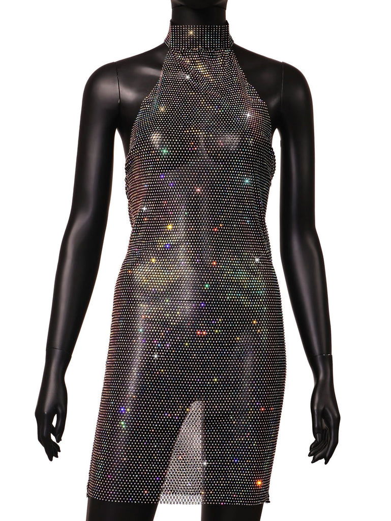 Summer Sexy Rhinestone Grid Turtleneck Dress Women