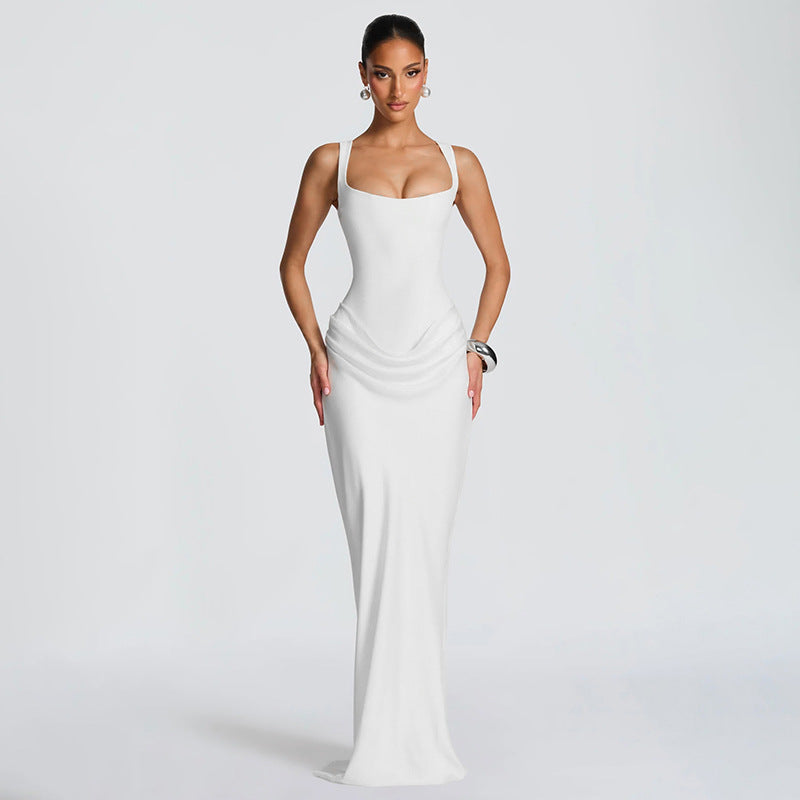 Women Clothing Autumn Winter Simple Solid Color Elegant Square Collar Sleeveless Slim Fit Maxi Dress