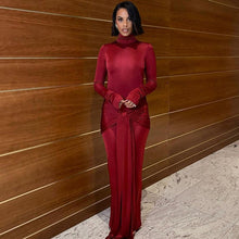 Load image into Gallery viewer, French Solid Color Autumn Winter Turtleneck Long Sleeve Stitching Lace up Long Slim Fit Dress Women