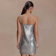 Load image into Gallery viewer, Women Clothing Spring Solid Color Sexy Slim Sleeveless Diagonal Collar Glossy One Shoulder Short Dress