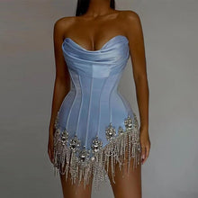 Load image into Gallery viewer, Knitted Tube Top Pleated Backless Layering Silver Ornament Tassel Chain Short Bandage One Piece Dress