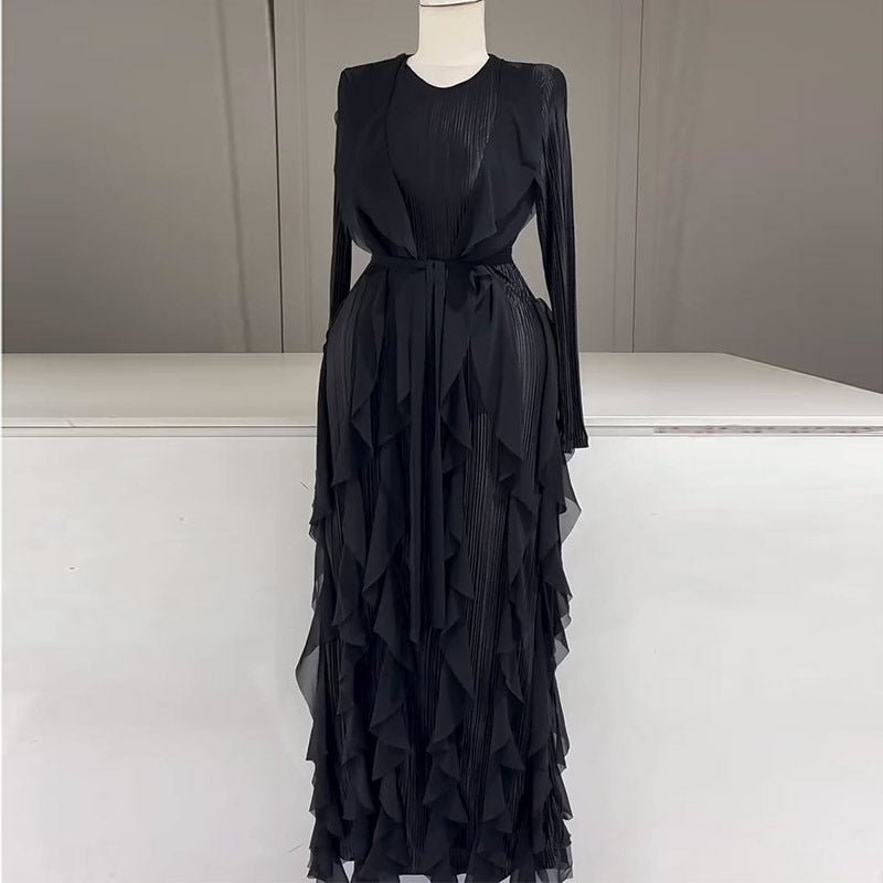 Ruffled Pleated Dress Elegant Women Ribbon Dress