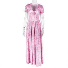 Load image into Gallery viewer, Sweet Women Clothing Printing Elegant A line Dress Pleated V neck Bubble Sleeve Length Dress