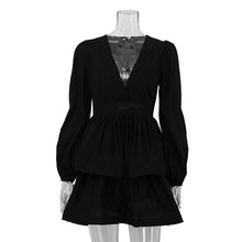 Load image into Gallery viewer, Women Clothing Spring Autumn Puff Sleeve A line Dress V neck Waist-Controlled Black Pettiskirt