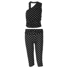 Load image into Gallery viewer, Winter Mesh Stitching Polka Dot Shoulder Diagonal Collar Top Slim Cropped Pants Set