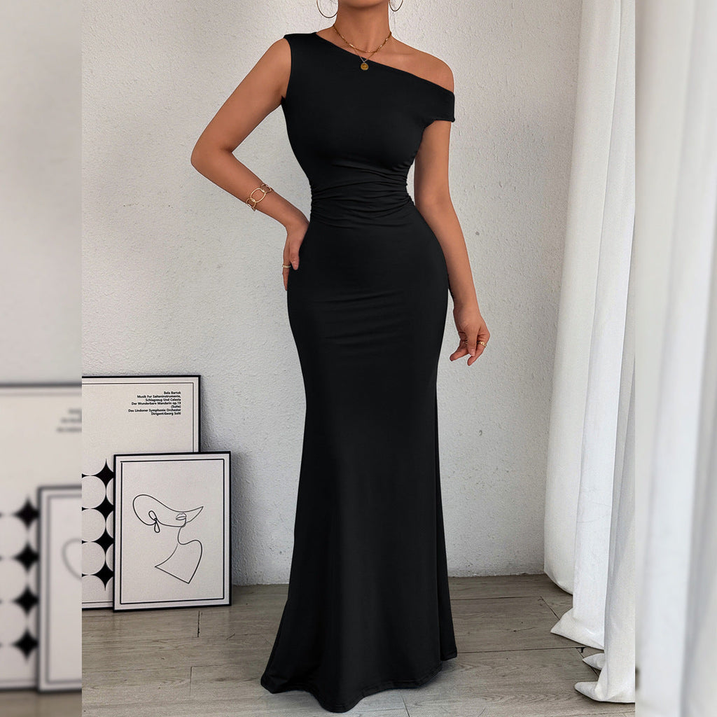 Women Fishtail Dress Slant Shoulder Collar Waist Pleated Sleeveless Sexy Dress