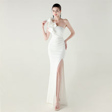 Load image into Gallery viewer, One Shoulder Craft Beading Wave Floral Satin High Slit Sexy Evening Dress Dinner Party Wedding Social