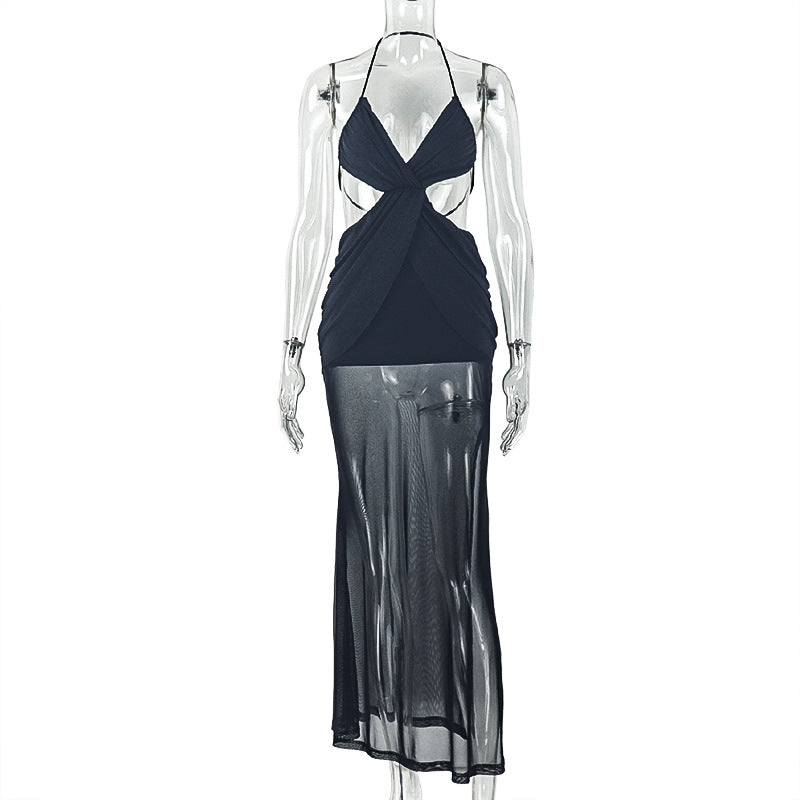 Sexy Women Clothing Backless Pleated Hip Dress Halter Wrapped Chest Cross Solid Color Maxi Dress