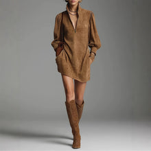 Load image into Gallery viewer, Elegant Solid Color Long Sleeve Zipped Stand Collar Dress Retro