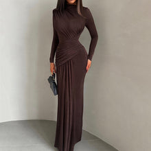 Load image into Gallery viewer, Autumn Winter Women Clothing Solid Color Pleated round Neck Slim Fit Long Sleeved Dress Women