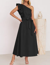 Load image into Gallery viewer, Women Maxi Dress Oblique Shoulder Wooden Ear Belt Dress Bridesmaid Toast Dress