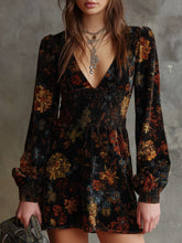Load image into Gallery viewer, Elegant Floral Print V neck Velvet Dress Sexy Waist Trimming Long Sleeve Short Dress