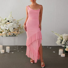 Load image into Gallery viewer, Mesh Strap Dress Sexy Sexy Backless Irregular Asymmetric Wooden Ear Split Sheath Dress