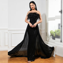 Load image into Gallery viewer, Sexy Long Sequined Sleeveless Feather Wrapped Chest Backless Cocktail Evening Dress Bridesmaid Bodycon Maxi Dress Women